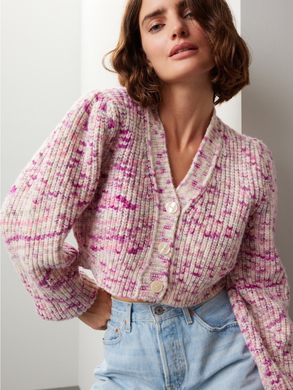 LoveShackFancy Avignon Crop Cardigan M Pink Wool Alpaca Chunky Knit